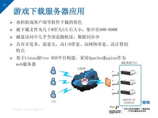 10

      游戏下载服务器应用
      承担游戏客户端等软件下载的角色
      被下载文件为几十M至几G左右大小，集中在600-800M
      磁盘访问中几乎全部是随机读，数据同步少
      具有并发多、流量大、高I/O带宽、高网络带宽、高计算的
       特点
      基于Linux或Free BSD平台构建，采用Apache或nginx作为
       web服务器




      Inspur group 2009-9-1
 