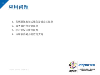 13

     应用问题

        1、传统普通机架式服务器磁盘IO限制
        2、服务器网络带宽限制
        3、OS对并发连接的限制
        4、应用软件对并发数的支持




     Inspur group 2009-9-1
 