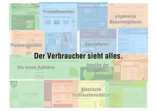 Produktbewerter
                                                       allgemeine
                                                     Bewertungsforen




Preisvergleicher                      Spezialforen

            Der Verbraucher sieht alles.
   Die neuen Aufklärer                 Anwälte der
                                       Menschheit



                                    Klassische
                                Verbraucherschützer
 