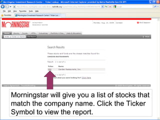 Morningstar will give you a list of stocks that match the company name. Click the Ticker Symbol to view the report. 