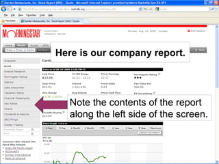 Note the contents of the report along the left side of the screen. Here is our company report. 