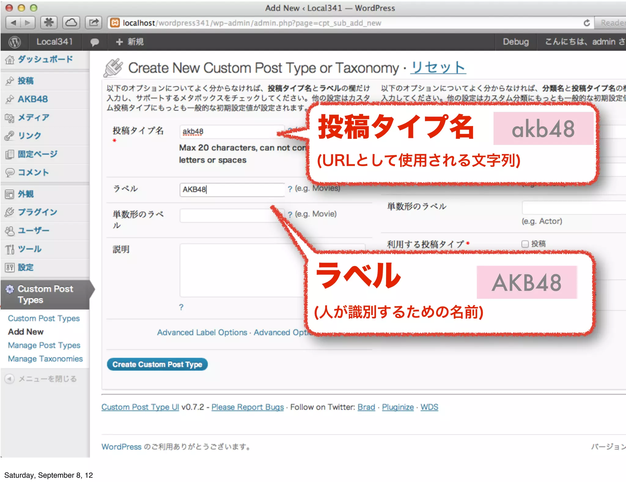 投稿タイプ名           akb48
                            (URLとして使用される文字列)




                            ラベル             AKB48
                            (人が識別するための名前)




Saturday, September 8, 12
 