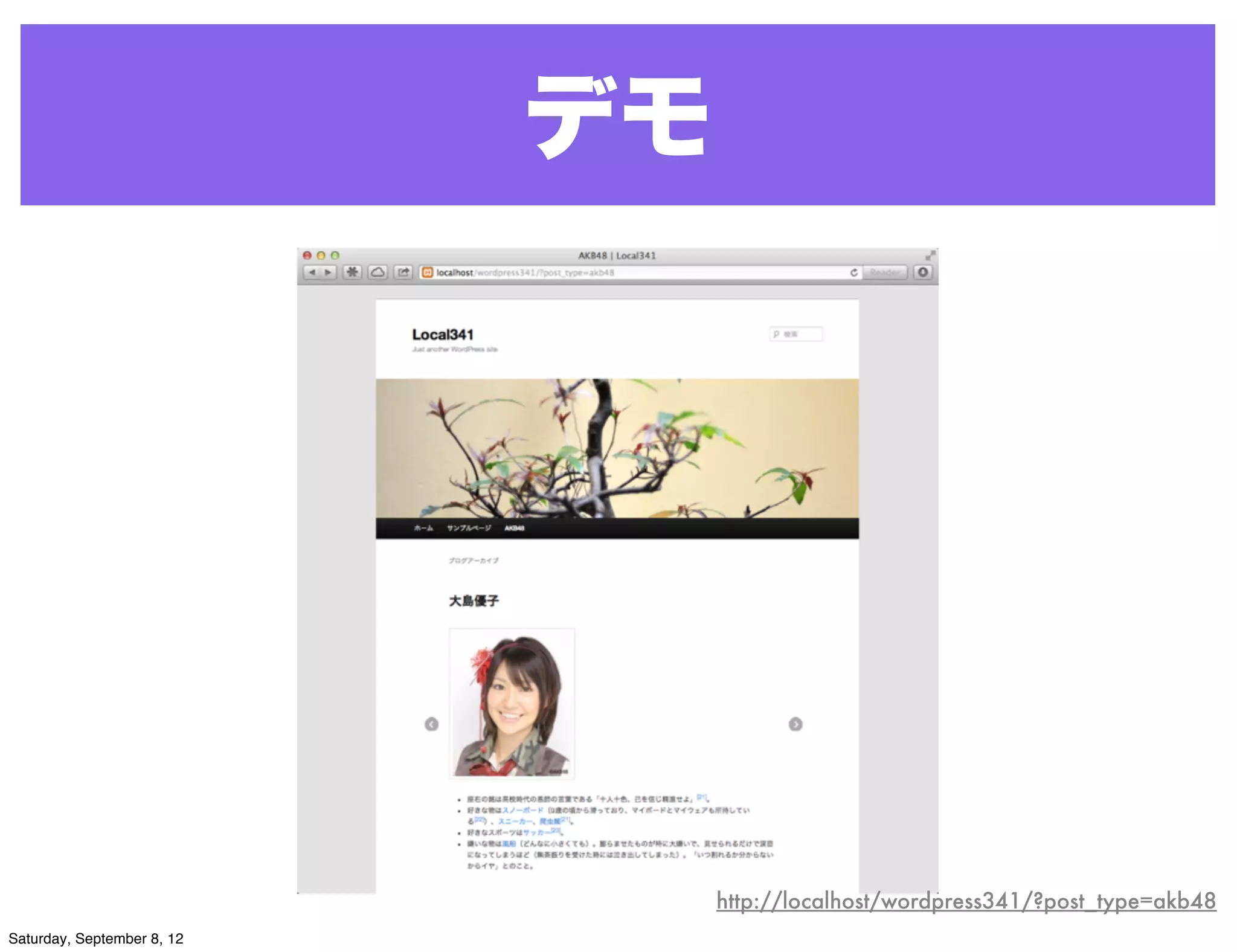 デモ




                                 http://localhost/wordpress341/?post_type=akb48
Saturday, September 8, 12
 