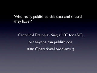 Who really published this data and should
they have ?


  Canonical Example: Single LFC for a VO,
        but anyone can publish one
       ==> Operational problems ;(
 