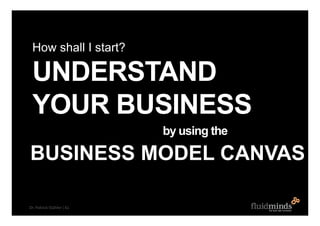 How shall I start?

 UNDERSTAND
 YOUR BUSINESS
                           by using the

BUSINESS MODEL CANVAS

Dr. Patrick...