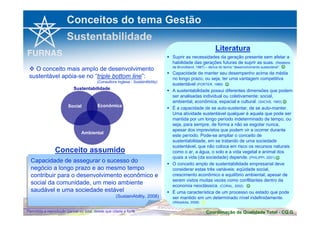 Conceitos do tema Gestão 
Sustentabilidade 
Literatura 
 Suprir as necessidades da geração presente sem afetar a 
habilidade das gerações futuras de suprir as suas. (Relatório 
de Brundtland, 1987) – deriva do termo “desenvolvimento sustentável”. 
☺ 
 Capacidade de manter seu desempenho acima da média 
no longo prazo, ou seja, ter uma vantagem competitiva 
sustentável (PORTER, 1989) 
☺ 
 A sustentabilidade possui diferentes dimensões que podem 
ser analisadas individual ou coletivamente: social, 
ambiental, econômica, espacial e cultural. (SACHS, 1993) 
☺ 
 É a capacidade de se auto-sustentar, de se auto-manter. 
Uma atividade sustentável qualquer é aquela que pode ser 
mantida por um longo período indeterminado de tempo, ou 
seja, para sempre, de forma a não se esgotar nunca, 
apesar dos imprevistos que podem vir a ocorrer durante 
este período. Pode-se ampliar o conceito de 
sustentabilidade, em se tratando de uma sociedade 
sustentável, que não coloca em risco os recursos naturais 
como o ar, a água, o solo e a vida vegetal e animal dos 
quais a vida (da sociedade) depende. (PHILIPPI, 2001) 
☺ 
 O conceito amplo de sustentabilidade empresarial deve 
considerar estas três variáveis: eqüidade social, 
crescimento econômico e equilíbrio ambiental, apesar de 
serem vistos muitas vezes como conflitantes dentro da 
economia neoclássica. (CORAL, 2002) 
☺ 
 É uma característica de um processo ou estado que pode 
ser mantido em um determinado nível indefinidamente. 
(Wikipédia, 2008) 
 O conceito mais amplo de desenvolvimento 
sustentável apóia-se no “triple bottom line”: 
(Consultora Inglesa - SustainAbility) 
Sustentabilidade 
Social 
Econômica 
Ambiental 
Conceito assumido 
Capacidade de assegurar o sucesso do 
negócio a longo prazo e ao mesmo tempo 
contribuir para o desenvolvimento econômico e 
social da comunidade, um meio ambiente 
saudável e uma sociedade estável 
Capacidade de assegurar o sucesso do 
negócio a longo prazo e ao mesmo tempo 
contribuir para o desenvolvimento econômico e 
social da comunidade, um meio ambiente 
saudável e uma sociedade estável 
(SustainAbility, 2008) 
(SustainAbility, 2008) 
 
Coordenação de Qualidade Permitida a reprodução parcial ou total, desde que citada a fonte Total - CQ.G 
 