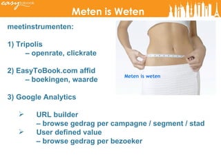 Meten is Weten meetinstrumenten: 1) Tripolis  –  openrate, clickrate 2) EasyToBook.com affid  –  boekingen, waarde 3) Google Analytics URL builder  –  browse gedrag per campagne / segment / stad User defined value  –  browse gedrag per bezoeker 