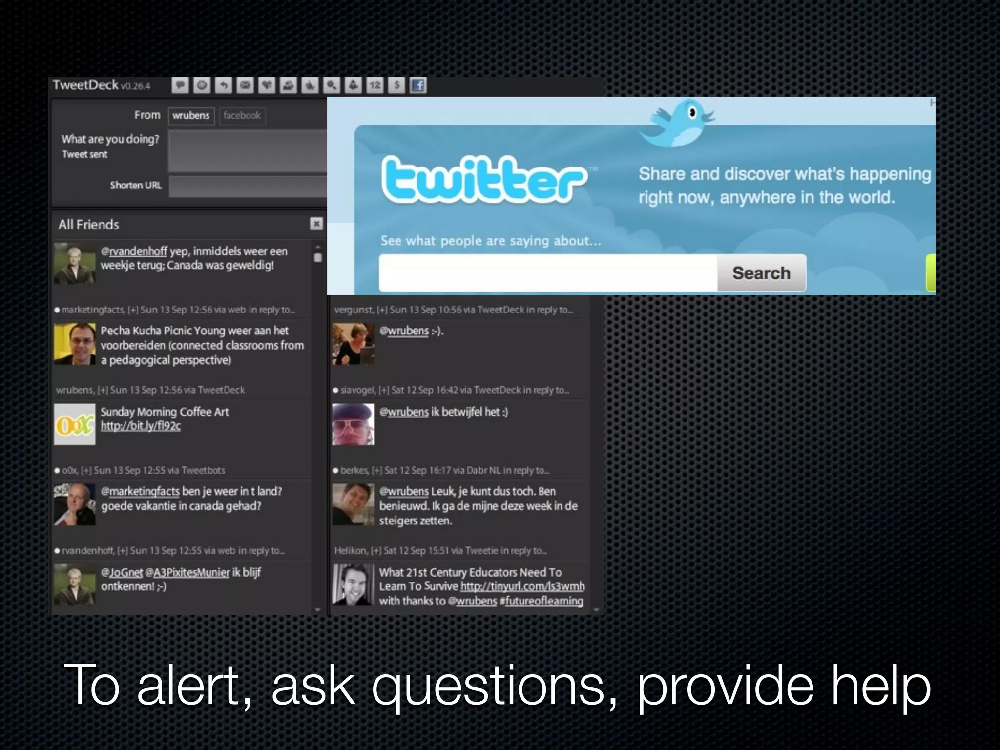 To alert, ask questions, provide help
 