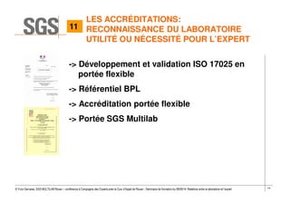 14© Yvon Gervaise, SGS MULTILAB Rouen – conférence à Compagnie des Experts près la Cour d’Appel de Rouen - Séminaire de formation du 09/09/14: Relations entre le laboratoire et l’expert
LES ACCRÉDITATIONS:
RECONNAISSANCE DU LABORATOIRE
UTILITÉ OU NÉCESSITÉ POUR L’EXPERT
-> Développement et validation ISO 17025 en
portée flexible
-> Référentiel BPL
-> Accréditation portée flexible
-> Portée SGS Multilab
11
 