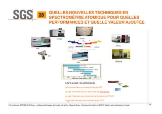 38© Yvon Gervaise, SGS MULTILAB Rouen – conférence à Compagnie des Experts près la Cour d’Appel de Rouen - Séminaire de formation du 09/09/14: Relations entre le laboratoire et l’expert
QUELLES NOUVELLES TECHNIQUES EN
SPECTROMÉTRIE ATOMIQUE POUR QUELLES
PERFORMANCES ET QUELLE VALEUR AJOUTÉE
28
 