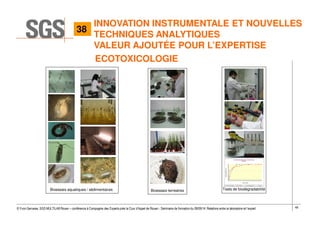 48© Yvon Gervaise, SGS MULTILAB Rouen – conférence à Compagnie des Experts près la Cour d’Appel de Rouen - Séminaire de formation du 09/09/14: Relations entre le laboratoire et l’expert
Bioessais terrestres Tests de biodégradabilité
0
10
20
30
40
50
60
70
80
90
100
0 1 2 3 4 5 6 7 8 9 10 11 12 13 14 15 16 17 18 19 20 21 22 23 24 25 26 27 28
Biodégradation(%)
Temps (jours)
Taux de biodégradationen fonction du temps
OCDE301
Témoin Référence Echantillon 60% biodégradabilité facile 10% latence
Bioessais aquatiques / sédimentaires
ECOTOXICOLOGIE
38
INNOVATION INSTRUMENTALE ET NOUVELLES
TECHNIQUES ANALYTIQUES
VALEUR AJOUTÉE POUR L’EXPERTISE
 