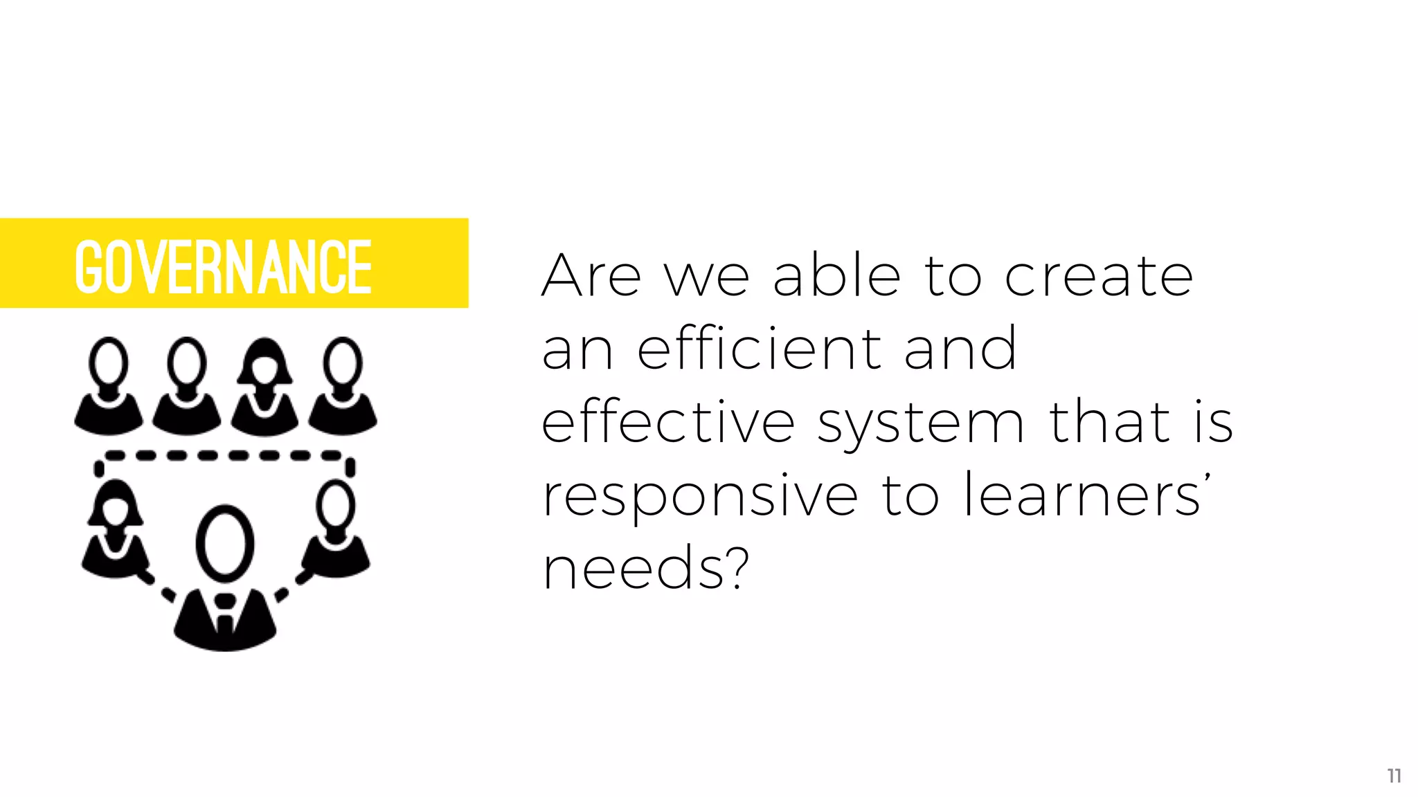 governance Are we able to create
an efficient and
effective system that is
responsive to learners’
needs?
11
 