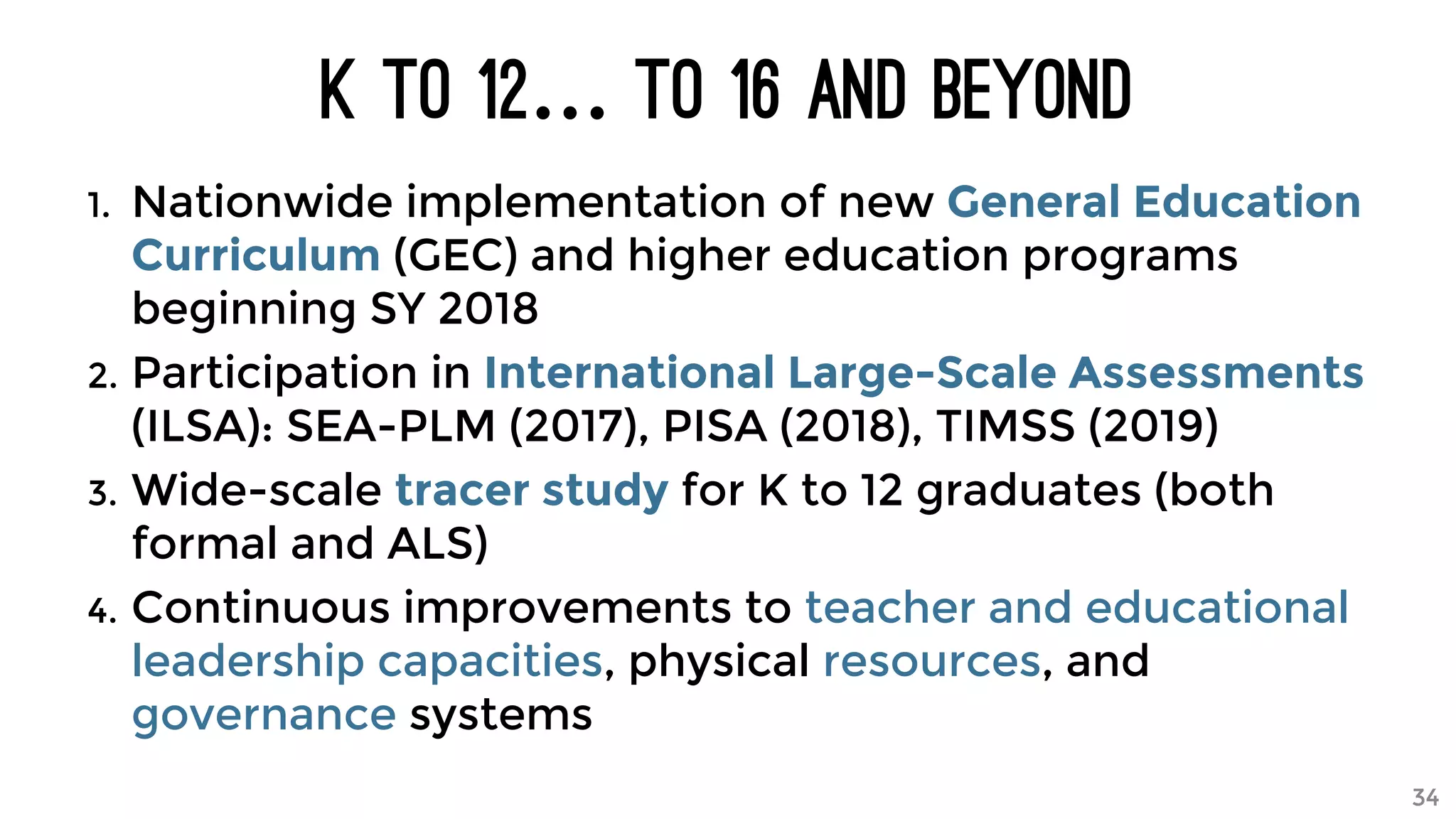 K to 12… to 16 and Beyond
1. Nationwide implementation of new General Education
Curriculum (GEC) and higher education programs
beginning SY 2018
2. Participation in International Large-Scale Assessments
(ILSA): SEA-PLM (2017), PISA (2018), TIMSS (2019)
3. Wide-scale tracer study for K to 12 graduates (both
formal and ALS)
4. Continuous improvements to teacher and educational
leadership capacities, physical resources, and
governance systems
34
 