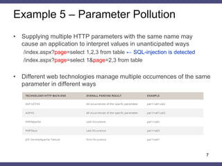Example 5 – Parameter Pollution 
•Supplying multiple HTTP parameters with the same name may cause an application to interpret values in unanticipated ways 
/index.aspx?page=select 1,2,3 from table ← SQL-injection is detected 
/index.aspx?page=select 1&page=2,3 from table 
•Different web technologies manage multiple occurrences of the same parameter in different ways 
7  