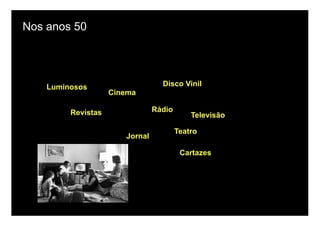 Nos anos 50




    Luminosos                     Disco Vinil
                    Cinema

         Revistas               Rádio
                                            Televisão

                                        Teatro
                       Jornal

                                         Cartazes
 