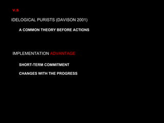 v.s IDELOGICAL PURISTS (DAVISON 2001) A COMMON THEORY BEFORE ACTIONS IMPLEMENTATION  ADVANTAGE SHORT-TERM COMMITMENT CHANGES WITH THE PROGRESS 
