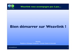 Bien démarrer sur Weavlink !
Weavlink vous accompagne pas à pas…
Weavlink
Plateforme d’échanges Entreprises / Grandes Ecoles & Universités
1www.weavlink.com
 