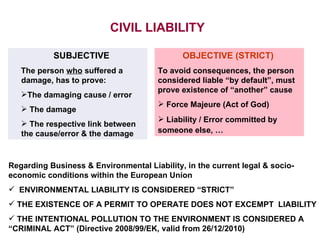 CIVIL LIABILITY SUBJECTIVE   The person   who  suffered a damage, has to prove : The damaging cause / error The damage  The respective link between  the cause/error & the damage OBJECTIVE (STRICT)   To avoid consequences, the person considered liable “by default”, must prove existence of “another” cause Force Majeure (Act of God) Liability / Error committed by someone else, …   Regarding Business & Environmental Liability, in the current legal & socio-economic conditions within the European Union ENVIRONMENTAL LIABILITY IS CONSIDERED “STRICT”  THE EXISTENCE OF A PERMIT TO OPERATE DOES NOT EXCEMPT  LIABILITY  THE INTENTIONAL POLLUTION TO THE ENVIRONMENT IS CONSIDERED A “CRIMINAL ACT” (Directive 2008/99/EK, valid from 26/12/2010)   