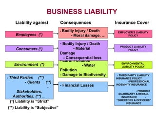 BUSINESS LIABILITY   Liability against   Consequences   Insurance Cover   (*) Liability is “Strict” (**) Liability is “Subjective”  -  Third Parties   (**)   -  Clients  (**)  -  Stakeholders ,  Authorities ,  (**)   …  Εnvironment   (*) Employees  (*) Financial Losses   -  Bodily Injury / Death  -  Moral damage, … -  Earth Pollution  - Water Pollution  - Damage to Biodiversity Bodily Injury / Death  - Material Damage  - Consequential loss PRODUCT LIABILITY POLICY EMPLOYER’S LIABILITY POLICY ENVIRONMENTAL  LIABILITY POLICY -   THIRD PARTY LIABILITY   INSURANCE POLICY   -  PROFESSIONAL INDEMNITY INSURANCE   -  PRODUCT GUARRANTY & RECALL INSURANCE   -  “DIRECTORS & OFFICERS” INSURANCE Consumers (*) 