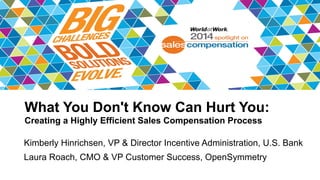 What You Don't Know Can Hurt You:
Creating a Highly Efficient Sales Compensation Process
Kimberly Hinrichsen, VP & Director Incentive Administration, U.S. Bank
Laura Roach, CMO & VP Customer Success, OpenSymmetry
 