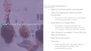 Future State Organization
–  Hybrid (Centralized/De-centralized)
–  Sales Compensation Administration
Ownership
•  According to 2012 SPM & Tech Survey 30% sit
in HR followed by 21% in Finance
–  Sales Admin to Payee Ratio
•  According to industry averages most
organizations (35%) hold roughly 3-5 FTE to
run programs; >15% have more than 10 FTES
–  Data Analysts to support future IAG and
data governance
–  Roles Documentation
–  Training
•  Training COE within IAG team; deliver
training based on audience and
implementation phase
Future State Organization
 