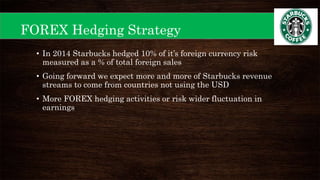FOREX Hedging Strategy
• In 2014 Starbucks hedged 10% of it’s foreign currency risk
measured as a % of total foreign sales
• Going forward we expect more and more of Starbucks revenue
streams to come from countries not using the USD
• More FOREX hedging activities or risk wider fluctuation in
earnings
 