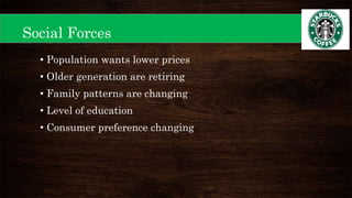 • Population wants lower prices
• Older generation are retiring
• Family patterns are changing
• Level of education
• Consumer preference changing
Social Forces
 