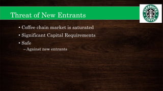 • Coffee chain market is saturated
• Significant Capital Requirements
• Safe
– Against new entrants
Threat of New Entrants
 