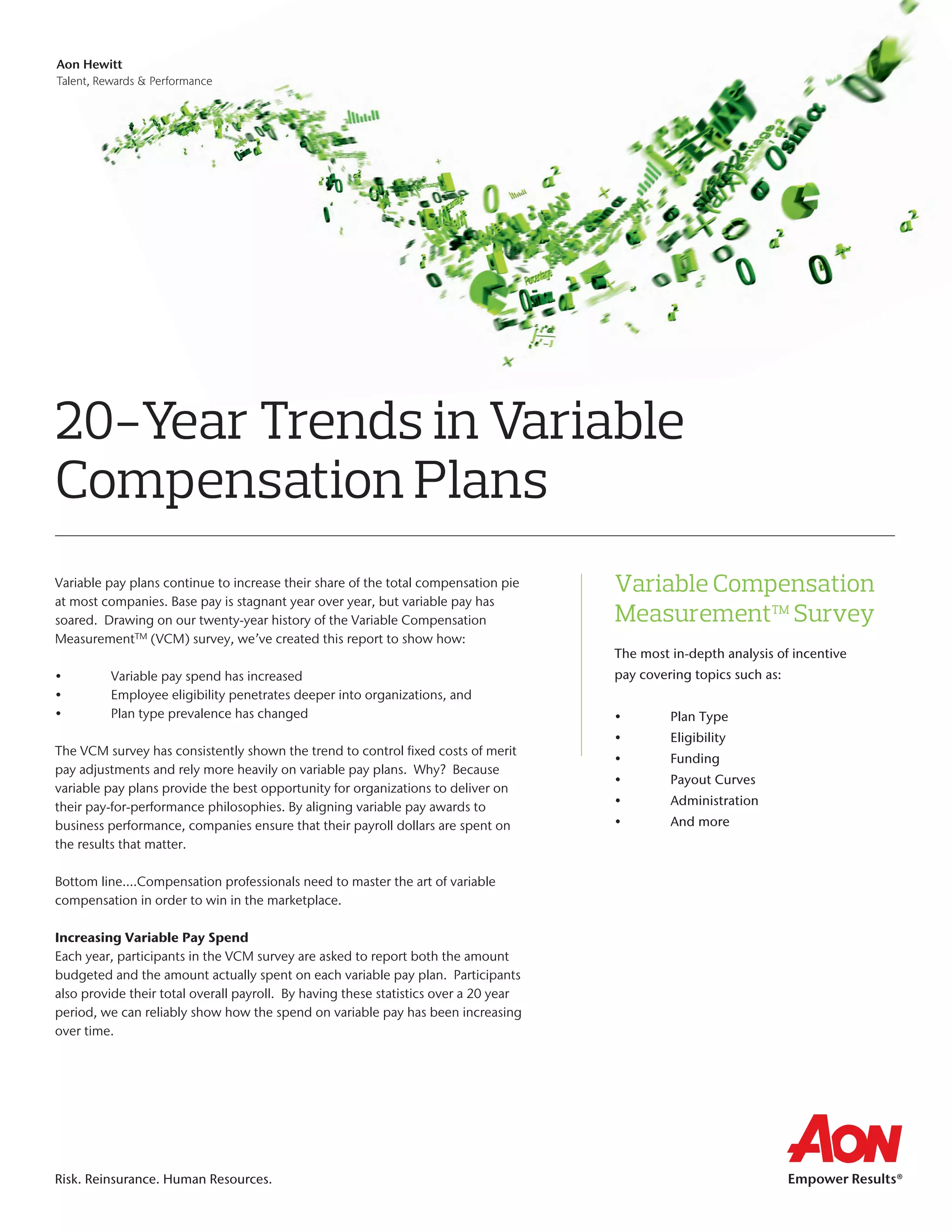 Risk. Reinsurance. Human Resources.
Aon Hewitt
Talent, Rewards & Performance
20-Year Trends in Variable
Compensation Plans
ewards & Performance