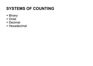 SYSTEMS OF COUNTING
+ Binary
+ Octal
+ Decimal
+ Hexadecimal
 