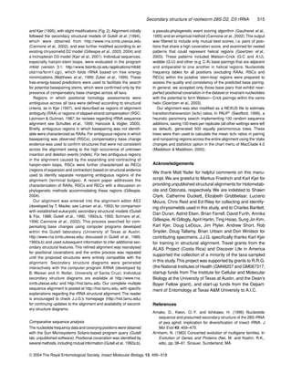 Secondary structure of rootworm 28S D2, D3 rRNA 515
© 2004 The Royal Entomological Society, Insect Molecular Biology, 13, 495–518
and Kjer (1995), with slight modiﬁcations (Fig. 2). Alignment initially
followed the secondary structural models of Gutell et al. (1994),
which were obtained from http://www.rna.icmb.utexas.edu
(Cannone et al., 2002), and was further modiﬁed according to an
existing chrysomelid D2 model (Gillespie et al., 2003, 2004) and
a trichopteran D3 model (Kjer et al., 2001). Individual sequences,
especially hairpin-stem loops, were evaluated in the program
mfold (version 3.1; http://www.bioinfo.rpi.edu/applications/mfold/
old/rna/form1.cgi), which folds rRNA based on free energy
minimizations (Matthews et al., 1999; Zuker et al., 1999). These
free-energy-based predictions were used to facilitate the search
for potential basepairing stems, which were conﬁrmed only by the
presence of compensatory base changes across all taxa.
Regions in which positional homology assessments were
ambiguous across all taxa were deﬁned according to structural
criteria, as in Kjer (1997), and described as regions of alignment
ambiguity (RAA) or regions of slipped-strand compensation (RSC;
Levinson & Gutman, 1987; for reviews regarding rRNA sequence
alignment see Schultes et al., 1999; Hancock & Vogler, 2000).
Brieﬂy, ambiguous regions in which basepairing was not identiﬁ-
able were characterized as RAAs. For ambiguous regions in which
basepairing was observed (RSCs), compensatory base change
evidence was used to conﬁrm structures that were not consistent
across the alignment owing to the high occurrence of unknown
insertion and deletion events (indels). For two ambiguous regions
in the alignment caused by the expanding and contracting of
hairpin-stem loops, RSCs were further characterized as RECs
(regions of expansion and contraction) based on structural evidence
used to identify separate nonpairing ambiguous regions of the
alignment (terminal bulges). A recent paper addresses the
characterization of RAAs, RSCs and RECs with a discussion on
phylogenetic methods accommodating these regions (Gillespie,
2004).
Our alignment was entered into the alignment editor AE2
(developed by T. Macke; see Larsen et al., 1993) for comparison
with established eukaryotic secondary structural models (Gutell
& Fox, 1988; Gutell et al., 1990, 1992a,b, 1993; Schnare et al.,
1996; Cannone et al., 2002). This process searched for com-
pensating base changes using computer programs developed
within the Gutell laboratory (University of Texas at Austin,
http://www.rna.icmb.utexas.edu/ discussed in Gutell et al., 1985;
1992a,b) and used subsequent information to infer additional sec-
ondary structural features. This reﬁned alignment was reanalysed
for positional covariations and the entire process was repeated
until the proposed structures were entirely compatible with the
alignment. Secondary structure diagrams were generated
interactively with the computer program XRNA (developed by
B. Weiser and H. Noller, University of Santa Cruz). Individual
secondary structure diagrams are available at http://www.rna.
icmb.utexas.edu/ and http://hisl.tamu.edu. Our complete multiple
sequence alignment is posted at http://hisl.tamu.edu, with speciﬁc
explanations regarding the rRNA structural alignment. The reader
is encouraged to check J.J.G.’s homepage (http://hisl.tamu.edu)
for continuing updates to the alignment and availability of second-
ary structure diagrams.
Comparative sequence analysis
The nucleotide frequency data and covarying positions were obtained
with the Sun Microsystems Solaris-based program query (Gutell
lab, unpublished software). Positional covariation was identiﬁed by
several methods, including mutual information (Gutell et al., 1992a,b),
a pseudo-phylogenetic event scoring algorithm (Gautheret et al.,
1995) and an empirical method (Cannone et al., 2002).This output
was ﬁltered to include only mutual best scores, i.e. pairs of posi-
tions that share a high covariation score, and examined for nested
patterns that could represent helical regions (Goertzen et al.,
2003). These patterns included Watson–Crick (G:C and A:U),
wobble (G:U) and other (e.g. C:A) base pairings that are adjacent
and antiparallel to one another in helical regions. Nucleotide
frequency tables for all positions (excluding RAAs, RSCs and
RECs) within the putative ‘stem-loop’ regions were prepared to
assess the quality and consistency of the predicted base pairing.
In general, we accepted only those base pairs that exhibit near-
perfect positional covariation in the dataset or invariant nucleotides
with the potential to form Watson–Crick pairings within the same
helix (Goertzen et al., 2003).
Our alignment was also modiﬁed as a NEXUS ﬁle to estimate
transition/transversion (ts/tv) ratios. In PAUP* (Swofford, 1999), a
heuristic parsimony search implementing 100 random sequence
additions, saving 100 trees per replicate (all other settings were left
as default), generated 500 equally parsimonious trees. These
trees were then used to calculate the mean ts/tv ratios in pairing
and nonpairing regions across the entire alignment using the‘state
changes and statistics’ option in the chart menu of MacClade 4.0
(Maddison & Maddison, 2000).
Acknowledgements
We thank Matt Yoder for helpful comments on this manu-
script.We are grateful to Markus Friedrich and Karl Kjer for
providing unpublished structural alignments for Holometab-
ola and Odonata, respectively. We are indebted to Shawn
Clark, Catherine Duckett, Elizabeth Grobbelaar, Luciano
Moura, Chris Reid and Ed Riley for collecting and identify-
ing chrysomelids used in this study, and to Charles Bartlett,
Dan Duran, Astrid Eben, Brian Farrell, David Furth, Annika
Gillespie, Al Gillogly, April Harlin, Ting Hsiao, Sung Jin Kim,
Karl Kjer, Doug LeDoux, Jim Plyler, Andrew Short, Rob
Snyder, Doug Tallamy, Brian Urbain and Don Windsor for
contributing specimens. J.J.G. speciﬁcally thanks Karl Kjer
for training in structural alignment. Travel grants from the
ALAS Project (Costa Rica) and Discover Life in America
supported the collection of a minority of the taxa sampled
in this study.This project was supported by grants to R.R.G.
(the National Institutes of Health (GM48207 and GM067317,
startup funds from The Institute for Cellular and Molecular
Biology at the University of Texas at Austin, and the Dean’s
Boyer Fellow grant), and start-up funds from the Depart-
ment of Entomology at Texas A&M University to A.I.C.
References
Amako, D., Kwon, O.-Y. and Ishikawa, H. (1996) Nucleotide
sequence and presumed secondary structure of the 28S rRNA
of pea aphid: implication for diversiﬁcation of insect rRNA. J
Mol Evol 43: 469–475.
Arnheim, N. (1983) Concerted evolution of multigene families. In
Evolution of Genes and Proteins (Nei, M. and Koehn, R.K.,
eds), pp. 38–61. Sinauer, Sunderland, MA.
 