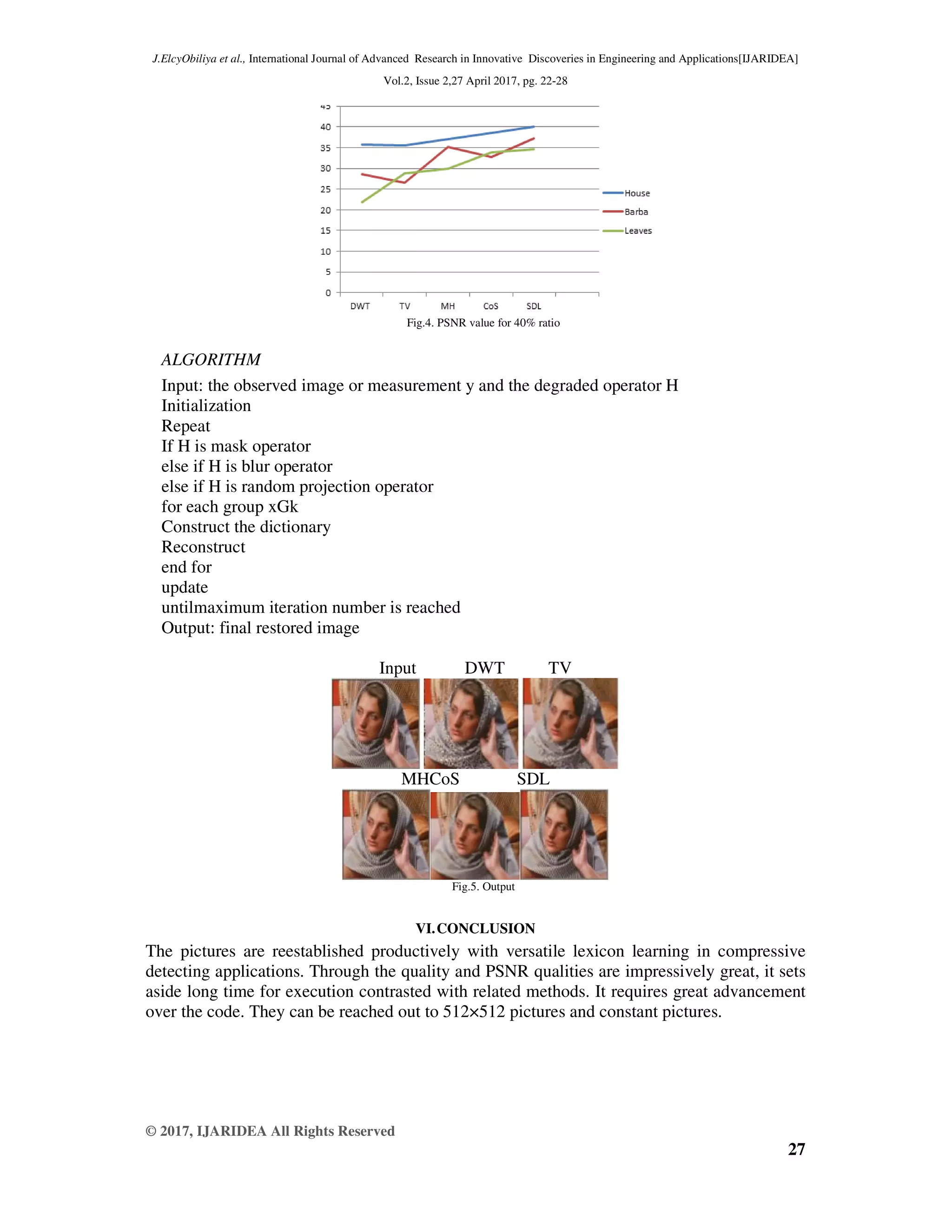 J.ElcyObiliya et al., International Journal of Advanced Research in Innovative Discoveries in Engineering and Applications[IJARIDEA] Vol.2, Issue 2,27 April 2017, pg. 22-28 © 2017, IJARIDEA All Rights Reserved 27 Fig.4. PSNR value for 40% ratio ALGORITHM Input: the observed image or measurement y and the degraded operator H Initialization Repeat If H is mask operator else if H is blur operator else if H is random projection operator for each group xGk Construct the dictionary Reconstruct end for update untilmaximum iteration number is reached Output: final restored image Input DWT TV MHCoS SDL Fig.5. Output VI.CONCLUSION The pictures are reestablished productively with versatile lexicon learning in compressive detecting applications. Through the quality and PSNR qualities are impressively great, it sets aside long time for execution contrasted with related methods. It requires great advancement over the code. They can be reached out to 512×512 pictures and constant pictures. 