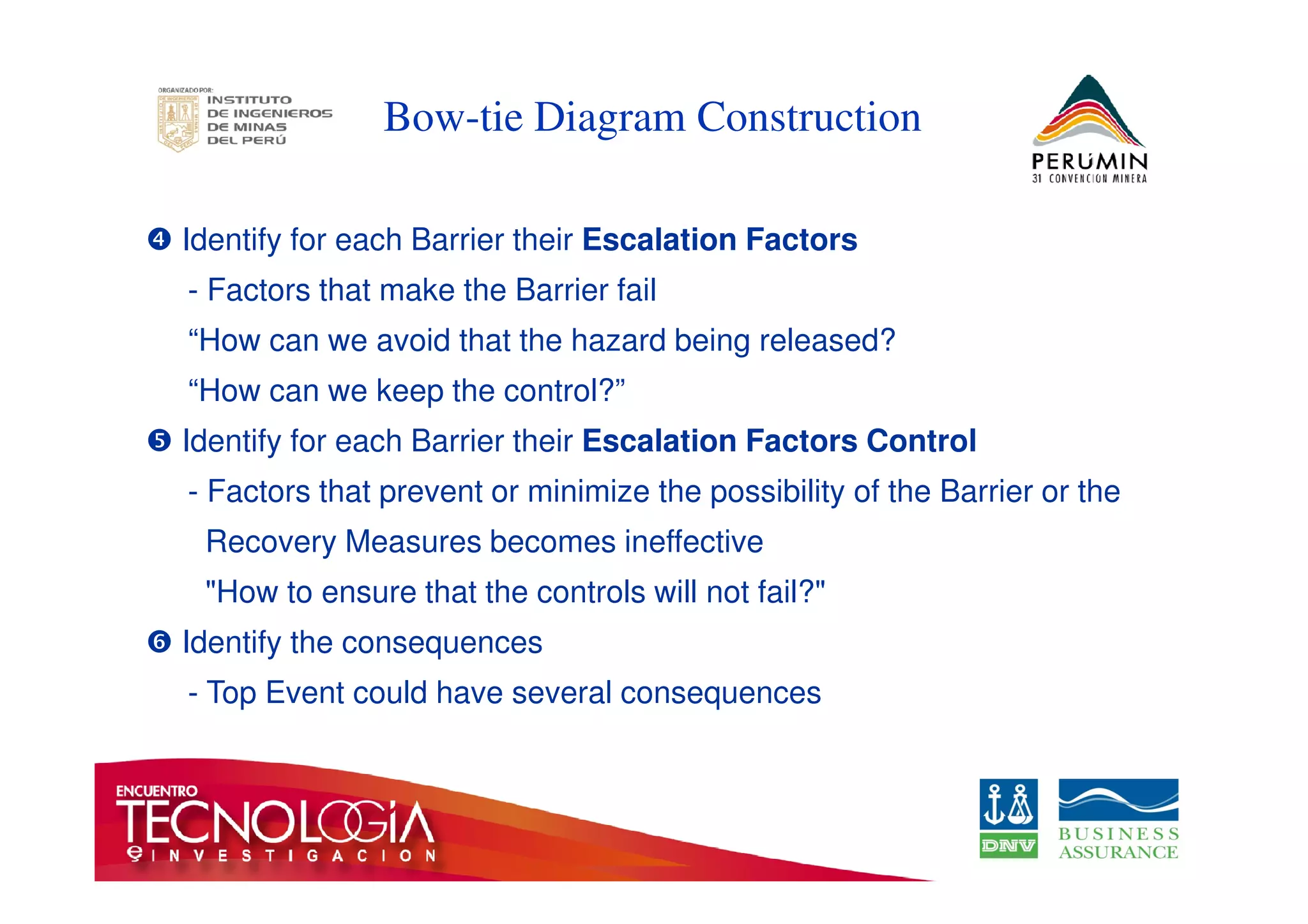 Bow-tie Diagram Construction 
 Identify for each Barrier their Escalation Factors 
- Factors that make the Barrier fail 
“How can we avoid that the hazard being released? 
“How can we keep the control?” 
 Identify for each Barrier their Escalation Factors Control 
- Factors that prevent or minimize the possibility of the Barrier or the 
Recovery Measures becomes ineffective 
How to ensure that the controls will not fail? 
 Identify the consequences 
- Top Event could have several consequences 
 