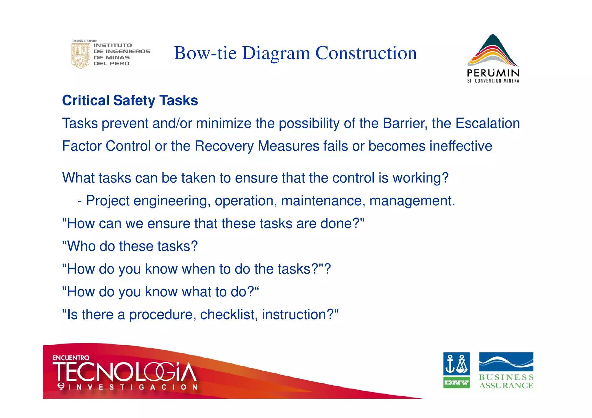 Bow-tie Diagram Construction 
Critical Safety Tasks 
Tasks prevent and/or minimize the possibility of the Barrier, the Escalation 
Factor Control or the Recovery Measures fails or becomes ineffective 
What tasks can be taken to ensure that the control is working? 
- Project engineering, operation, maintenance, management. 
How can we ensure that these tasks are done? 
Who do these tasks? 
How do you know when to do the tasks?? 
How do you know what to do?“ 
Is there a procedure, checklist, instruction? 
 
