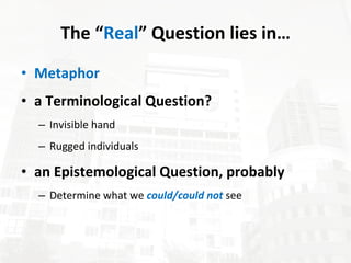 The “ Real ” Question lies in… Metaphor a Terminological Question? Invisible hand Rugged individuals an Epistemological Question, probably Determine what we could/could not see