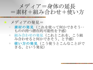 メディア＝身体の延長 ＝素材＋組み合わせ＋使い方 メディアの発見＝ 素材の発見 （これを使って何かできそう‥ものの持つ潜在的可能性を予感） 組み合わせの発見 （これとこれを、こう組み合わせると何かできそう、と予感） 使い方の発見 （こう使うとこんなことができる、という発見） 