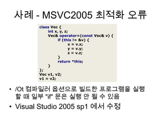 사례 - MSVC2005 최적화 오류classVec{intx,y,z;Vec&operator=(constVec&v){if(this!=&v){x=v.x;y=v.y;z=v.z;}return*this;}};Vecv1,v2;v1=v2;/Ot 컴파일러 옵션으로 빌드한 프로그램을 실행할 때 일부 "if" 문은 실행 안 될 수 있음Visual Studio 2005 sp1 에서 수정