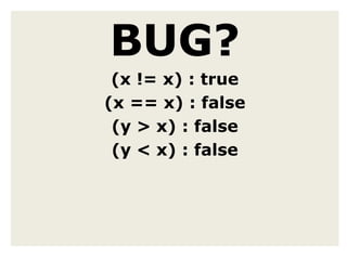 BUG?(x != x) : true(x == x) : false(y > x) : false(y < x) : false
