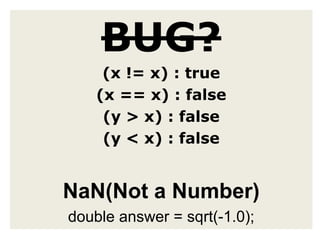 BUG?(x != x) : true(x == x) : false(y > x) : false(y < x) : falseNaN(Not a Number)double answer = sqrt(-1.0);