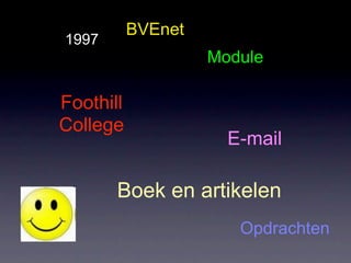 BVEnet
1997
                    Module

Foothill
College
                      E-mail

       Boek en artikelen
                       Opdrachten
 