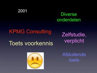2001
                    Diverse
                   onderdelen

KPMG Consulting
                     Zelfstudie,
                      verplicht
Toets voorkennis
                     Afsluitende
                        toets
 
