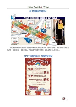 坐飞机最安全的位子




  坐在飞机的什么部位最安全？国外的学者根据以前的穸难案例，做了一次研究。他们发现坐在靠在飞
机机翼（安全门附近）是最安全的。下面的图可能看得更直观，绿艱代表安全，红艱就……



            iMART 创意市集 10 月南锣鼓巷站




                                            . 24
 