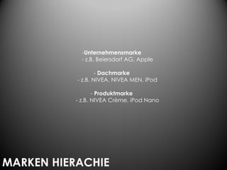 -Unternehmensmarke
            - z.B. Beiersdorf AG, Apple

                   - Dachmarke
           - z.B. NIVEA, NIVEA MEN, iPod

                 - Produktmarke
          - z.B. NIVEA Crème, iPod Nano




MARKEN HIERACHIE
 