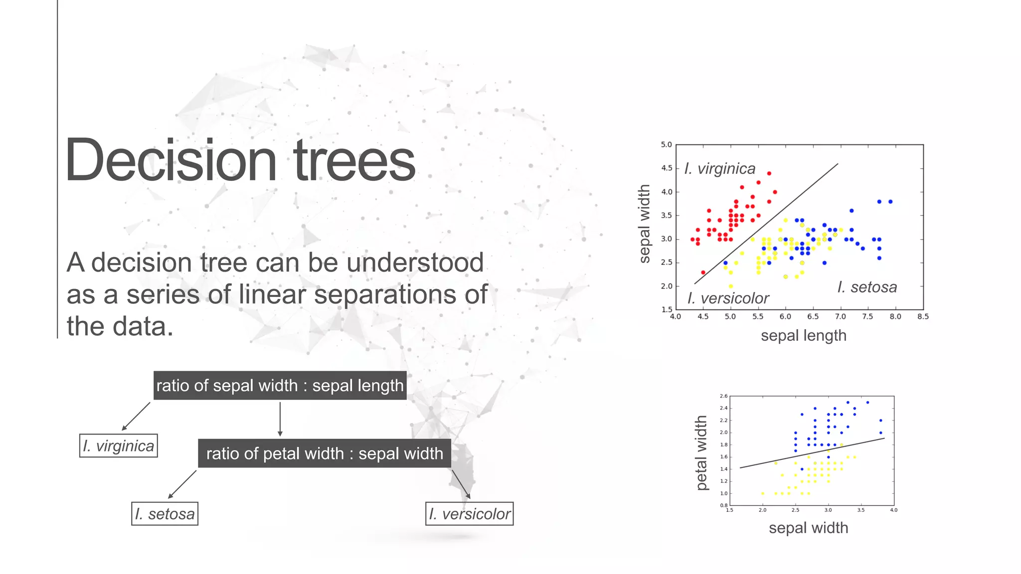 sepal length
sepalwidth
I. setosa
I. virginica
I. versicolor
Decision trees
sepal width
petalwidth
A decision tree can be understood
as a series of linear separations of
the data.
ratio of sepal width : sepal length
I. virginica
ratio of petal width : sepal width
I. setosa I. versicolor
 