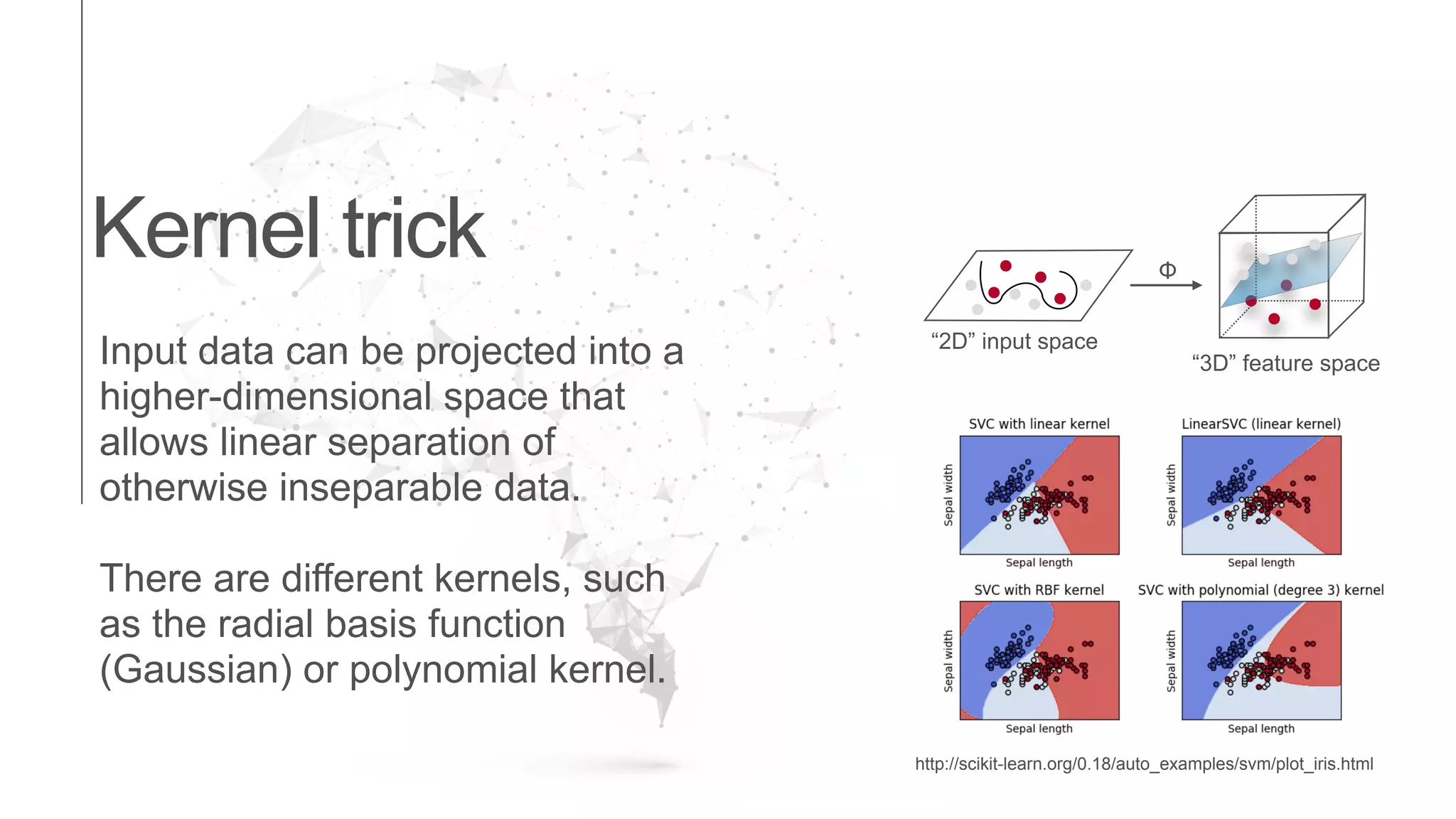 Kernel trick
Input data can be projected into a
higher-dimensional space that
allows linear separation of
otherwise inseparable data.
There are different kernels, such
as the radial basis function
(Gaussian) or polynomial kernel.
“2D” input space
Φ
“3D” feature space
http://scikit-learn.org/0.18/auto_examples/svm/plot_iris.html
 