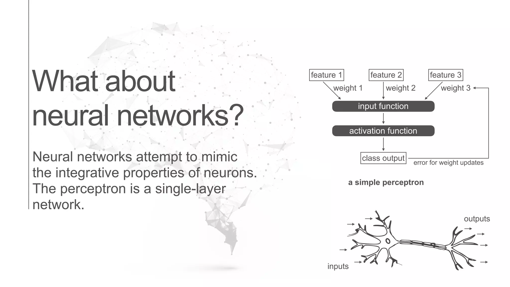What about
neural networks?
feature 1 feature 2 feature 3
weight 1 weight 2 weight 3
input function
activation function
class output
error for weight updates
a simple perceptron
Neural networks attempt to mimic
the integrative properties of neurons.
The perceptron is a single-layer
network.
inputs
outputs
 