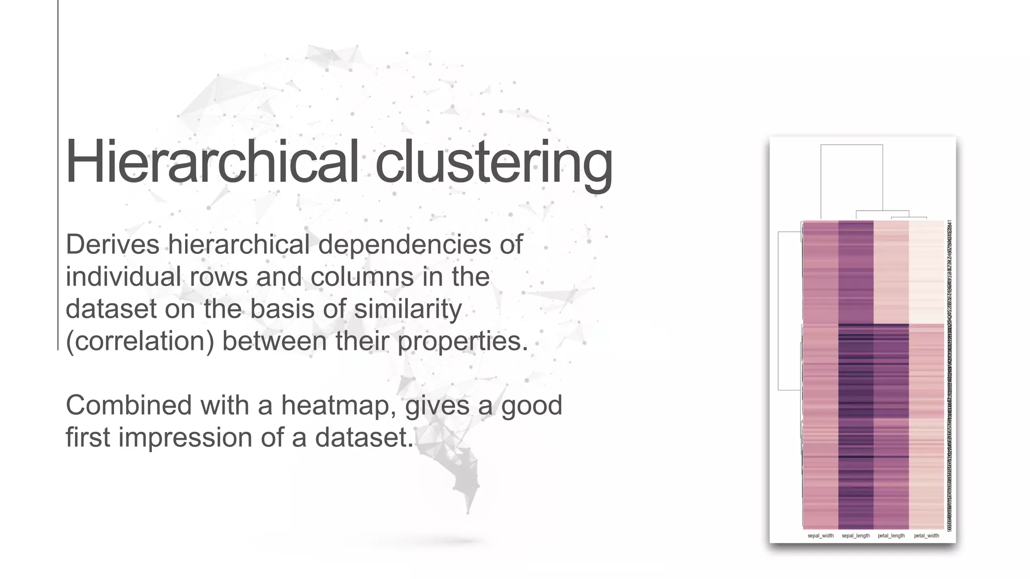 Hierarchical clustering
Derives hierarchical dependencies of
individual rows and columns in the
dataset on the basis of similarity
(correlation) between their properties.
Combined with a heatmap, gives a good
first impression of a dataset.
 