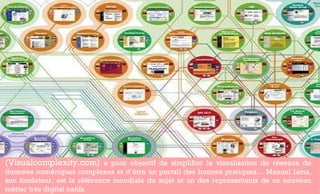(Visualcomplexity.com)  a pour objectif de simplifier la visualisation de réseaux de données numériques complexes et d’être un portail des bonnes pratiques… Manuel Lima, son fondateur, est la référence mondiale du sujet et un des représentants de ce nouveau métier très digital natifs. 