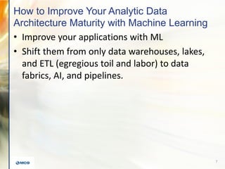 How to Improve Your Analytic Data
Architecture Maturity with Machine Learning
• Improve your applications with ML
• Shift them from only data warehouses, lakes,
and ETL (egregious toil and labor) to data
fabrics, AI, and pipelines.
7
 