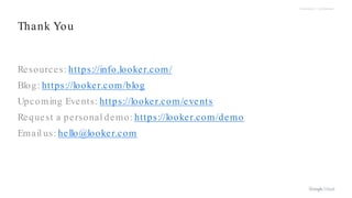 Proprietary + Confidential
Resources: https://info.looker.com/
Blog: https://looker.com/blog
Upcoming Events: https://looker.com/events
Request a personal demo: https://looker.com/demo
Email us: hello@looker.com
Thank You
 